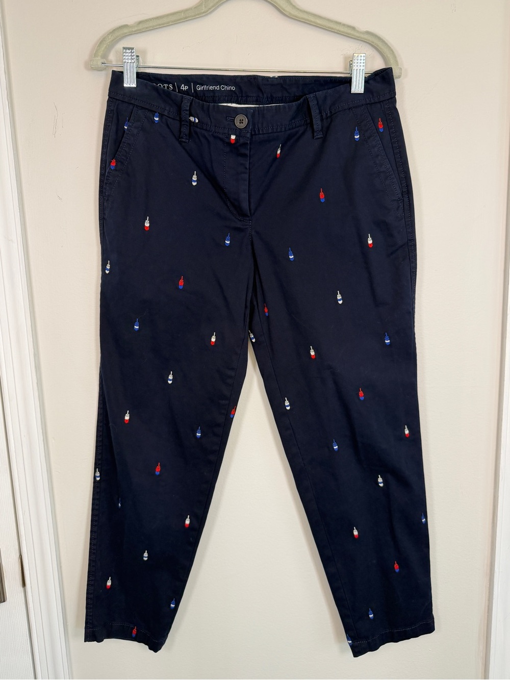 Talbots Girlfriend Chino Pants 4P Navy Nautical Buoy Embroidery Coastal Preppy